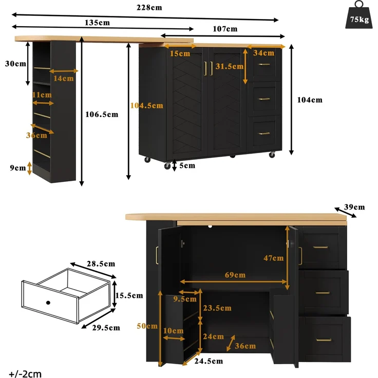 Merax Verlängerbarer Barwagen mit 2 Türen & 3 Schubladen (135-228 x 39 x 104 cm), rollbar, Bartisch in Schwarz, Arbeitsplatte in Holzoptik – Bild 4