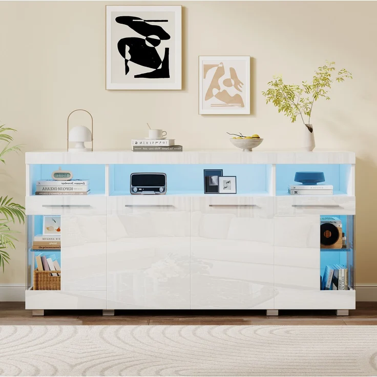 DESVIAE Sideboard mit LED-Beleuchtung und 3 Schubladen, 140x70x40 cm, MDF und Spanplatte, Weiß – Bild 1
