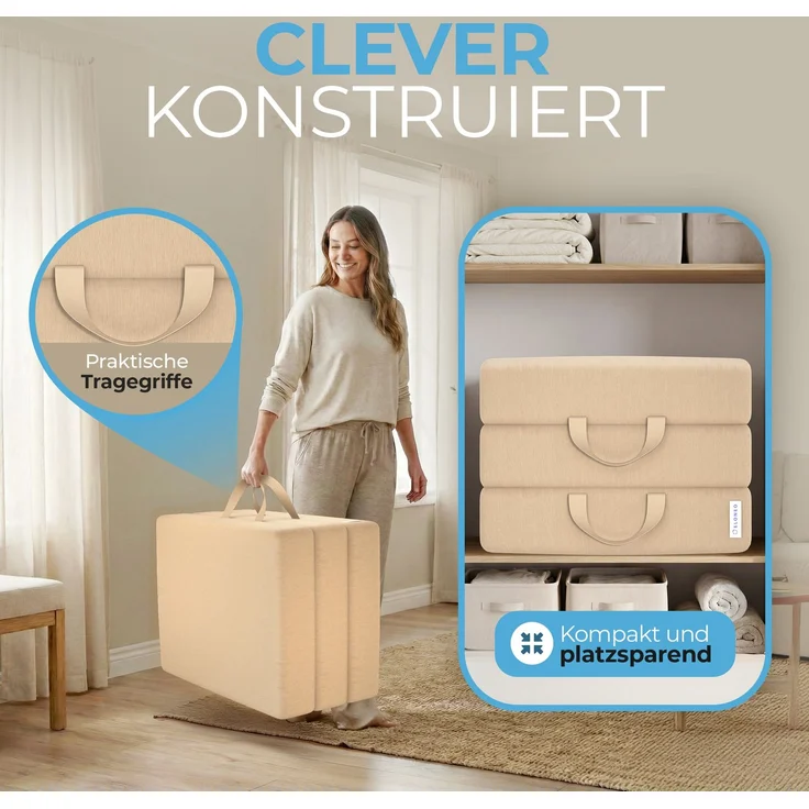 ELONEO Klappmatratze, Gästematratze, 3-teilige Faltmatratze, Schaumstoff extra dick (15cm), waschbar, Bandscheibenwürfel, klappbar, Faltbare Matratze, Erwachsene (Creme, 90 x 200 x 15 cm) – Bild 4