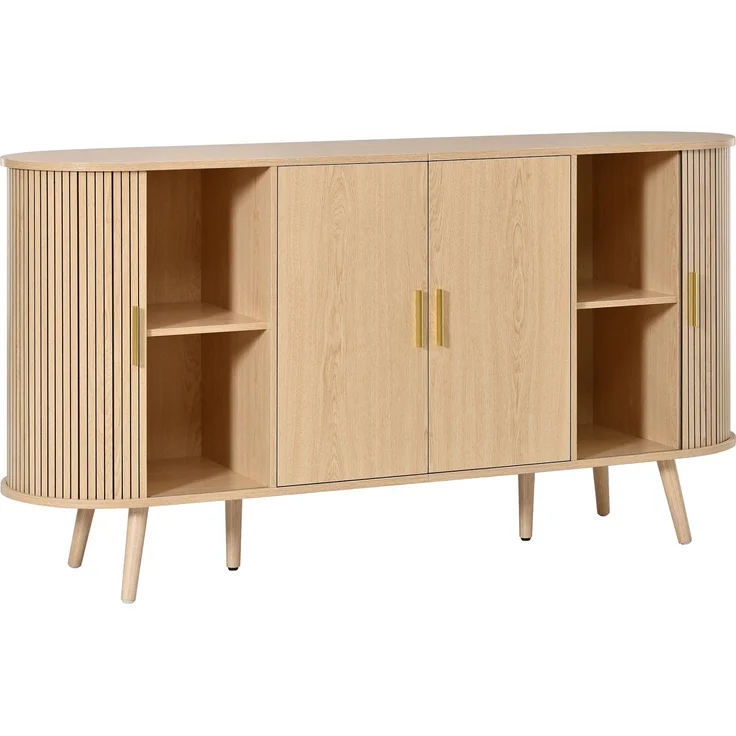 Merax Sideboard mit Schiebetüren an den Seiten, gebogenes Design mit vertikaler Rillenverkleidung, Griffleisten aus Metall, Aufbewahrungsschrank, Natur – Bild 9