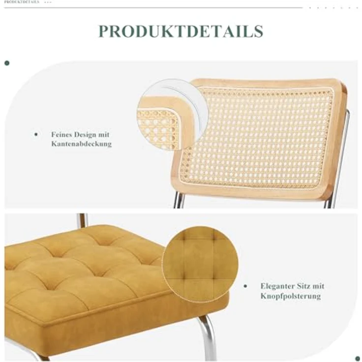 COLAMY Rattan Esstischstühle 2er Set, Samtbezug mit Metallgestell, Gelb – Bild 5
