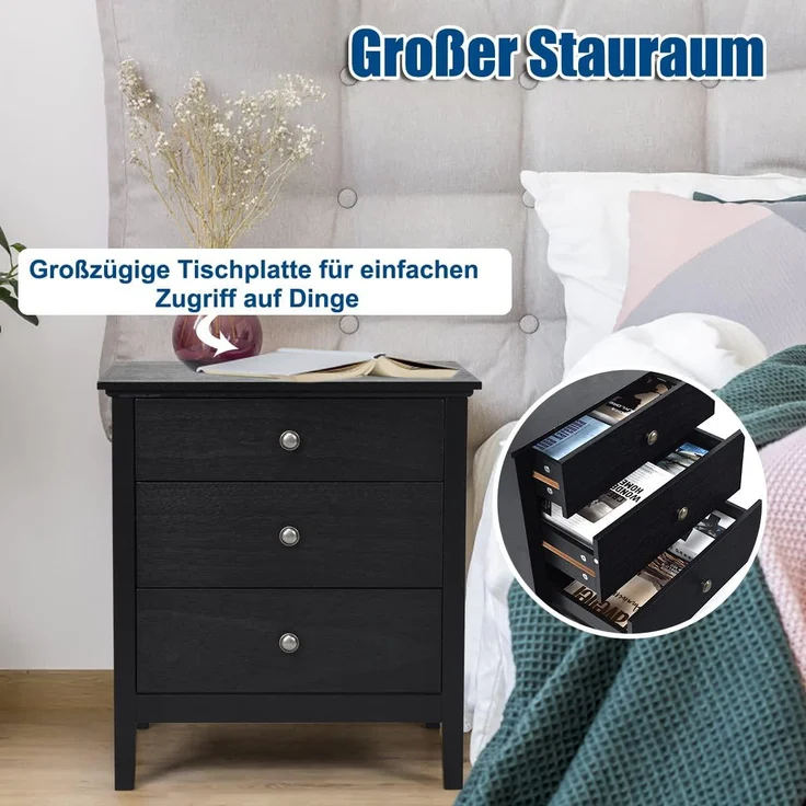 COSTWAY Nachttisch mit 3 Schubladen, Beistelltisch Nachtkommode, Nachtschrank für Wohnzimmer Schlafzimmer 60 x 45 x 66 cm (Schwarz) – Bild 3