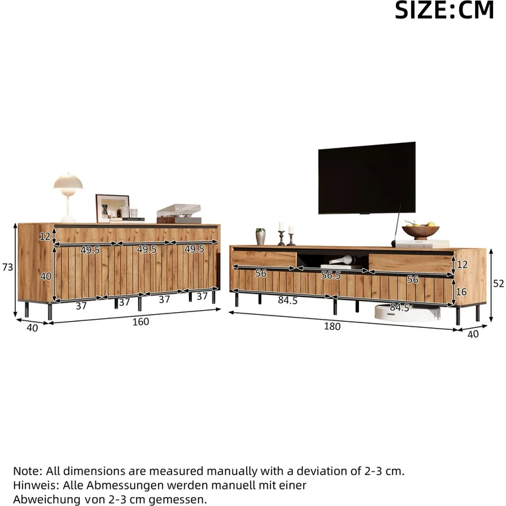 Merax Sideboard (160 x 40 x 73 cm) + viertüriger TV-Schrank (180 x 40 x 52 cm) in Naturholzfarbe mit schwarzen Akzenten, geeignet für einen 75-Zoll-Fernseher – Bild 4