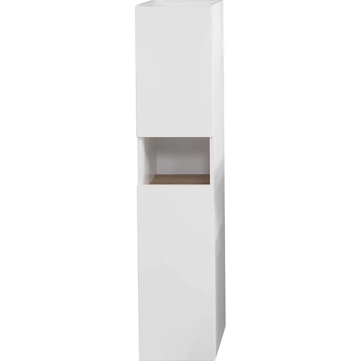 Pelipal Badezimmerschrank Quickset 947 in Weiß Glanz/Rivera Eiche quer Nachbildung, 30 cm breit | Halbhoher Midischrank mit 2 Türen, 1 Nische und 2 Einlegeböden