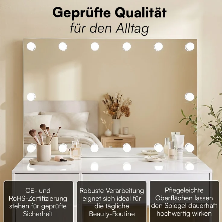 Bellamio 'Livny' Schminkspiegel mit LED-Glühbirnen, dimmbar, Hollywood Spiegel mit 3 Lichtfarben, weiß, 110x70 cm, inkl. Touch-Screen (mit Wandbefestigung) – Bild 7