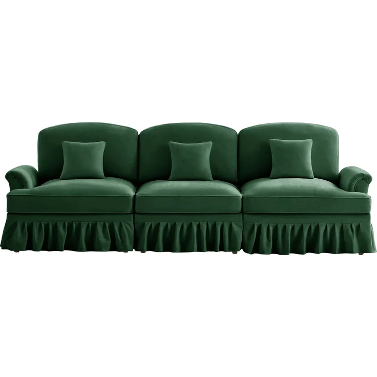 Elegantes Mid-Century 3-Sitzer Sofa, Chenille, Trichter-Armlehnen, abnehmbare Rüschenschürze, spindelförmige Beine, komfortables Sofa fürs Wohnzimmer, Grün – Bild 7