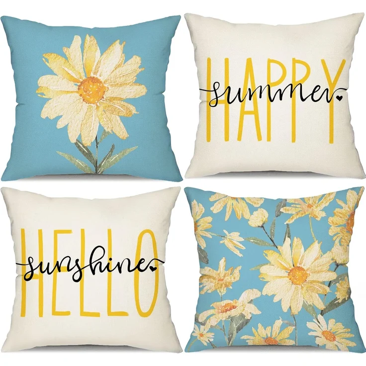 Sommer Kissenbezüge 45×45 cm 4er-Set Blaue Gänseblümchen, “Hello Sunshine”, Outdoor Couch Kissen – Bild 1