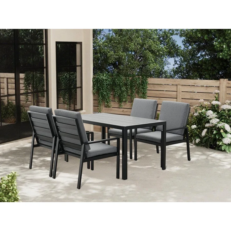 MeXo Gartenlounge-Set Lounge Gartenmöbelset Aluminium, (Garten Essgruppe für 4 Personen, 5-tlg, Terrassenmöbel Set mit 4 Sessel, Esstisch 140x80x70 cm), 85 cm Rückenlehne, hoher Sitzkomfort