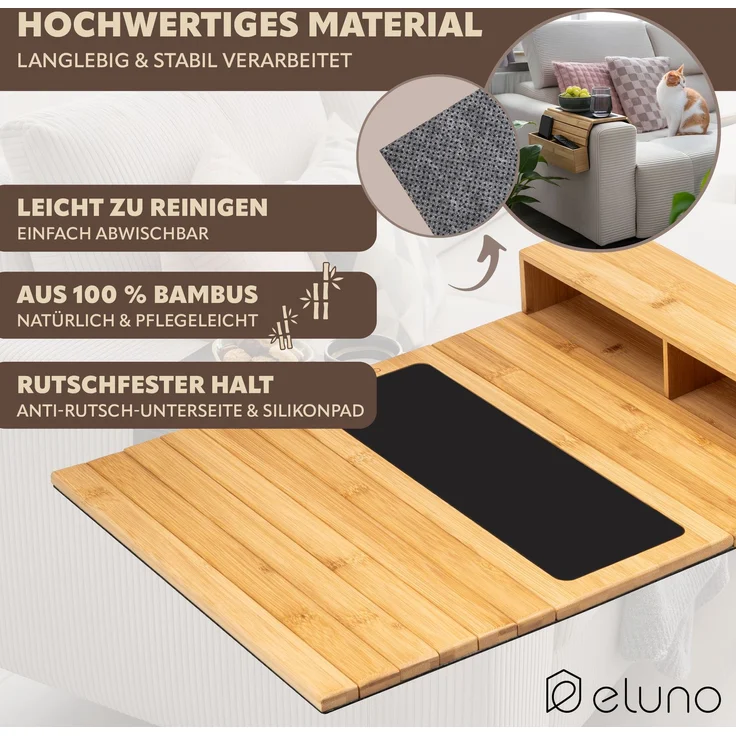 eluno Sofatablett mit Silikonablage und seitlichen Fächern, faltbare Ablage für Snacks, Handy uvm, Bambus – Bild 5