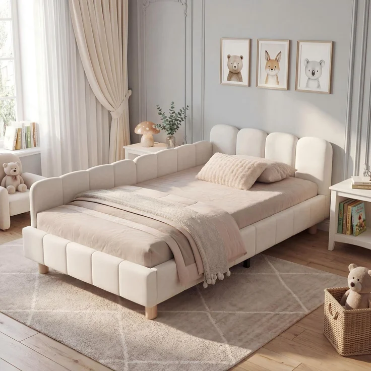 Merax Polsterbett, Einzelbett, Kinderbett 90x200 cm, Bett mit und gepolstertes Kopfteil und Rausfallschutz, Bettbeine aus Massivholz, Samt, beige – Bild 6