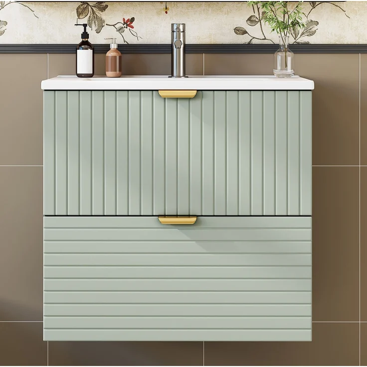 Wandhängender Waschtisch 61 x 46 x 57 cm mit Keramikbecken und zwei Schubladen – Mintgrün – Bild 2
