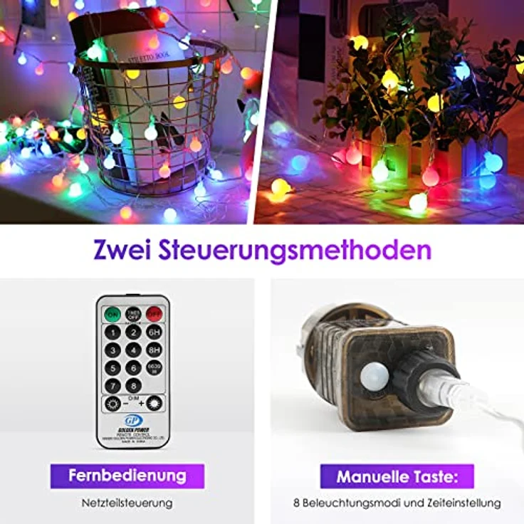 100 LED Lichterkette Strombetrieben,15M Lichterkette Kugel RGB mit Stecker für Außen und Innen,IP44 Wasserdicht Lichterketten mit Dimmbar Fernbedienung,Ideal für Zimmer,Weihnachten,Party,Garten – Bild 5
