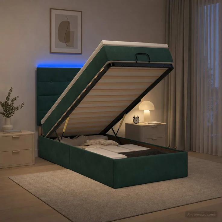 vidaXL Ottoman-Bett mit Matratze und LED Dunkelgrün 90 x 200 cm Samt 3458280 – Bild 1