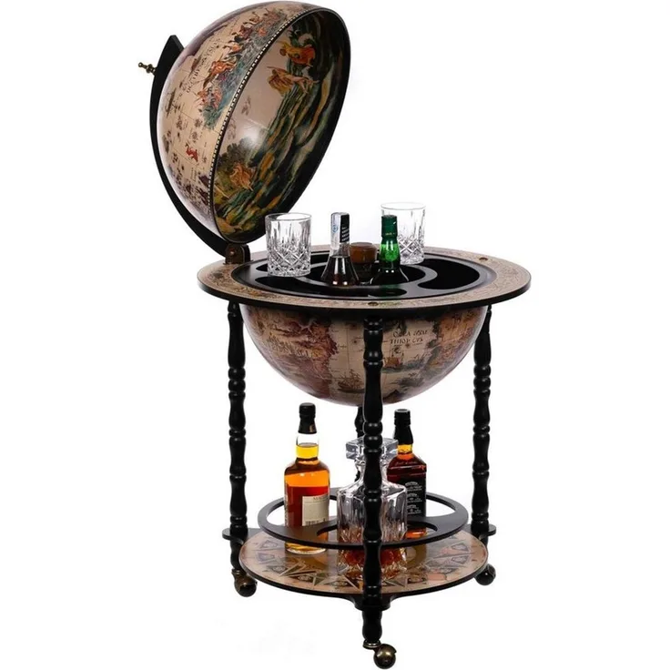 Riesiger Barwagen 45001WB01, mit massiven Eukalyptusholz Säulen, geöffnet 112 cm hoch und 58 cm breit, Globusbar, Bartisch, Hausbar, Barwagen, Weltkugel, Cocktailbar, Dekobar, Tischbar