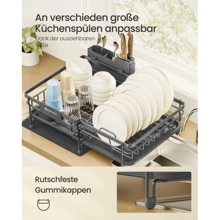 SONGMICS Geschirrständer ausziehbar, Stahl, Abtropfgestell, platzsparend, drehbarer Ablauf, grau – Bild 3
