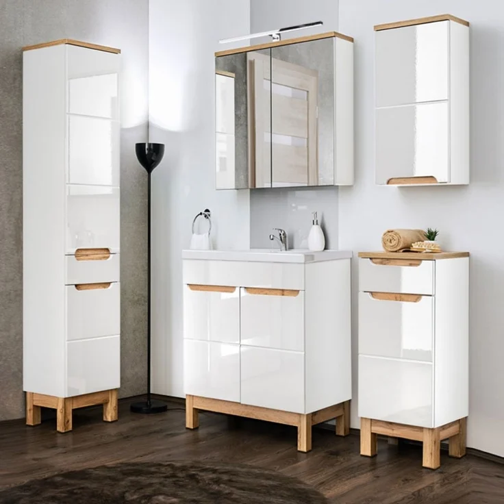 Badezimmer Hängeschrank SOLNA-56, Hochglanz weiß mit Wotaneiche, B x H x T ca. 35 x 70 x 20cm – Bild 6