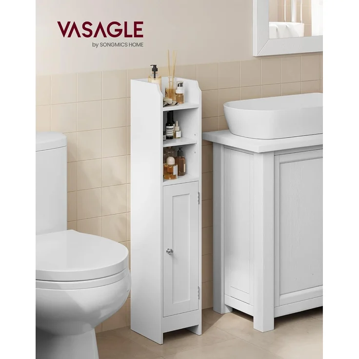 VASAGLE Badezimmerschrank klein, Badschrank schmal, stehend, mit Tür und Regal, kleiner Schrank für Toilettenpapier, Toilettenschrank, verstellbare Ablagen, 20 x 18 x 92 cm，wolkenweiß – Bild 2