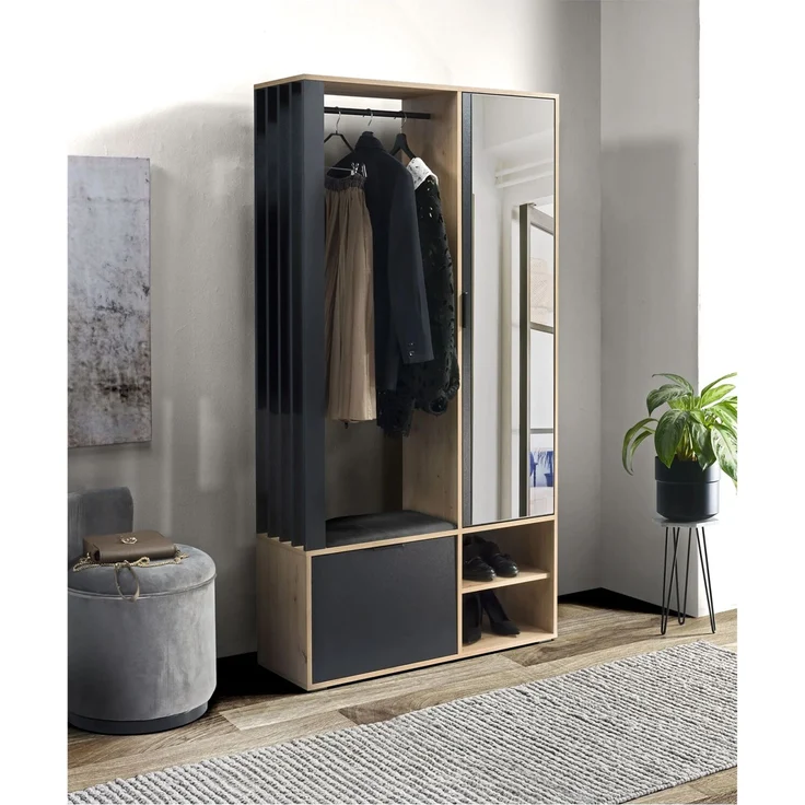 MEBLINI Garderobenschrank MILANO 100cm - Artisan Eiche/Schwarz mit Sitzbank - mit Spiegel - 100x33x190cm R/L - Garderobe Schrank - Flurgarderobe schmal - Garderobe Flur Möbel Set - Flurschrank hoch – Bild 1