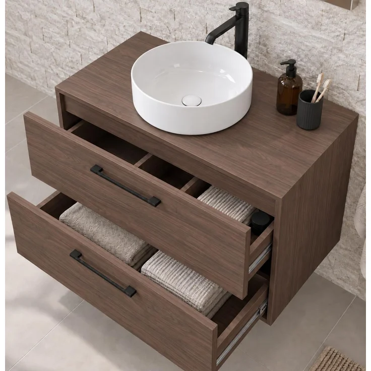 Badplaats Waschtischunterschrank-Set Florence 80 x 46 cm - Walnuss Braun - mit Spiegelschrank und Hochschrank – Bild 3