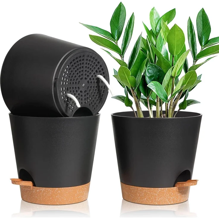 T4U 20cm Kunststoff Blumentopf Selbstbewässerung 3er-Set Schwarz – Bild 1