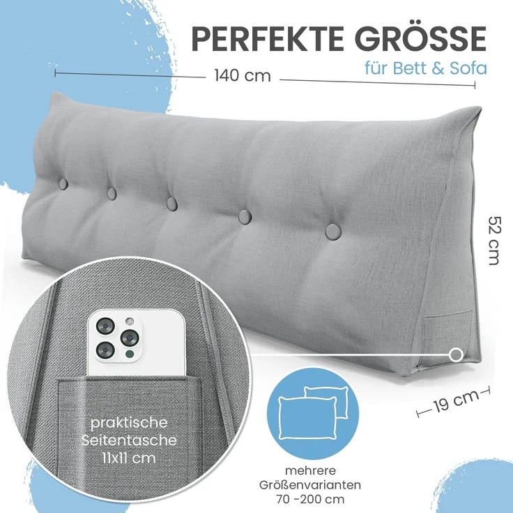 ELONEO Rückenkissen Bett- und Rückenstützkissen >Grau< 140cm – Bild 2