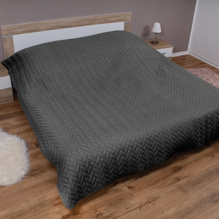 Tagesdecke XXL (220x240 cm) mit wattierter Zwischenlage (Anthrazit) Bettüberwurf - ÖKO-Tex 100, Sommerdecke gesteppt - Steppdecke, Wendedecke – Bild 1