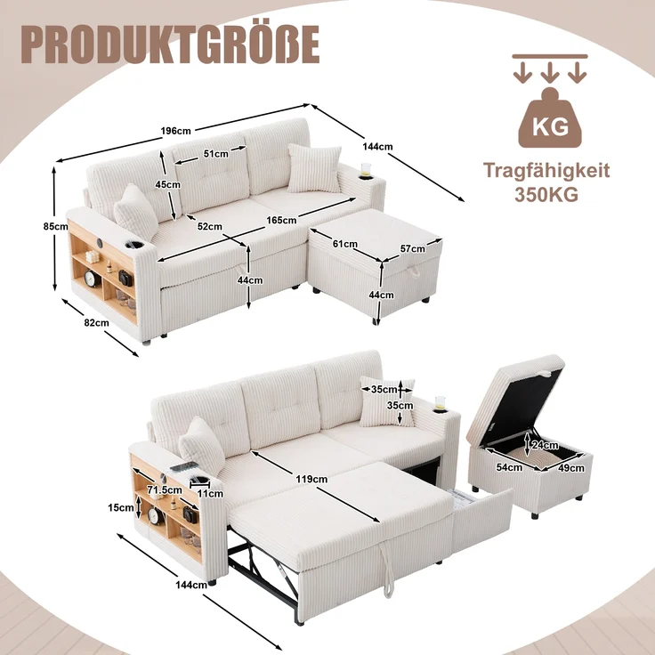 LVHOM Schlafsofa mit LED & USB, Ecksofa mit Ablagefächern, Schublade und Becherhaltern, Schlafcouch aus Cordstoff, frei Kombination, 196x144x85 cm – Bild 9