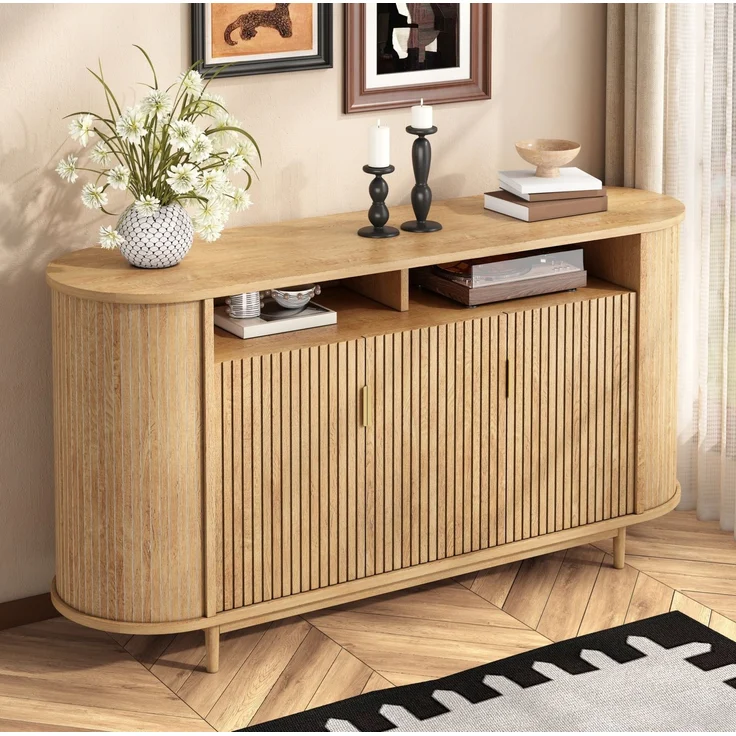 DESVIAE Sideboard Natur aus MDF/Spanplatte – 140x78x40 cm – 3 Türen, Kiefernholzfüße – Bild 2