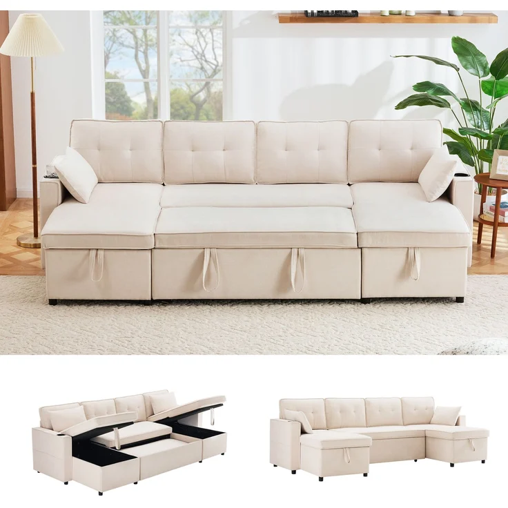 U-förmiges Schlafsofa Baumwoll-Leinen Beige, 270x130x86 cm, mit Stauraum & Getränkehalter – Bild 6