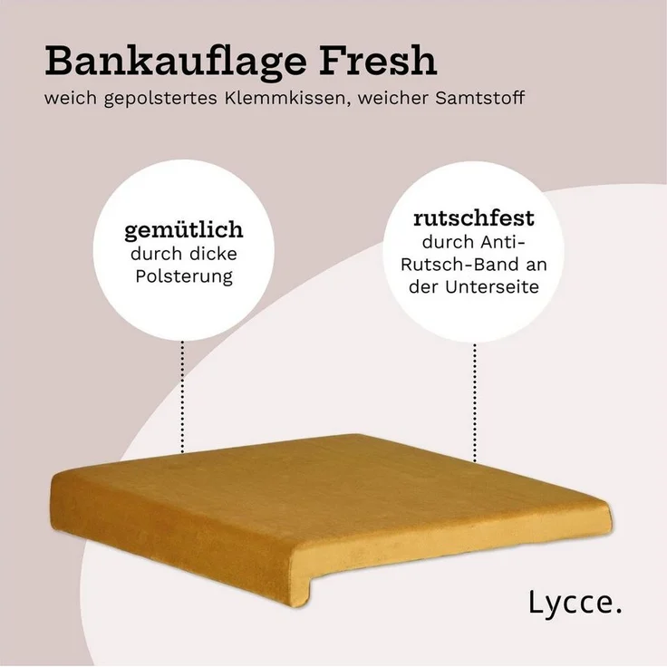 Lycce Bankauflage Klemmkissen, Sitzkissen mit 1 Leiste, 40cm breit - 35cm Klemmtiefe, (1 St), weich gepolstert, verrutscht nicht, edle Optik Samt senf olive – Bild 2