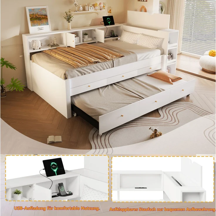 Stauraumbett 140x200 cm mit 3 Schubladen, ausziehbarem Gästebett und USB-Anschluss – Weiß (ohne Matratze) – Bild 5