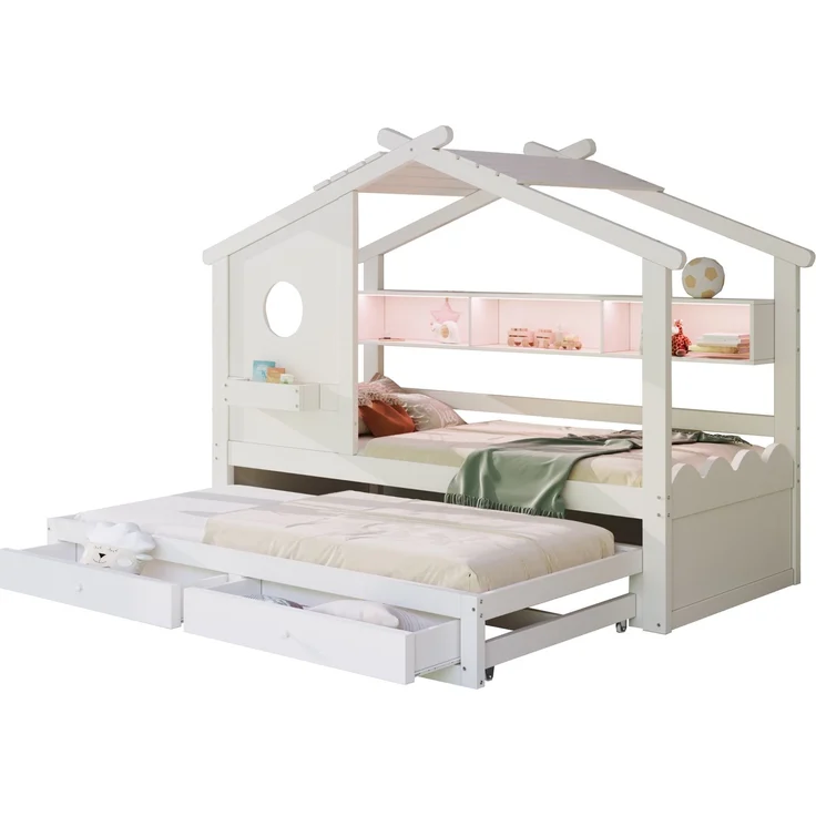 Merax Kinderbett, Jugendbett, 90x200cm, mit Ausziehbett 90x190cm, mit 2 Schubladen, mit USB- und Typ-C-Ladeanschlüssen und LED, mit Einlegeböden, Weiß – Bild 10