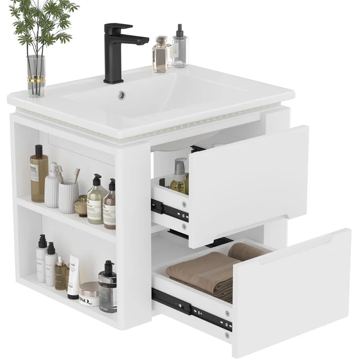 Flieks Waschtisch 61×46×48.5 cm, Wandhängender Badezimmerschrank mit LED, 2 Schubladen, seitliche Ablagen, integriertes Keramikbecken, weiß – Bild 10