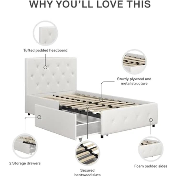 DHP Furniture Dakota Bed with Storage Drawers White PU Single – Bild 7