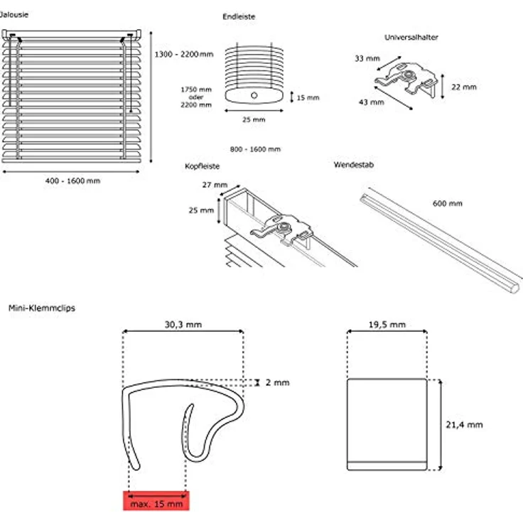Victoria M. Aluminium Jalousie 25mm, Feuchtigkeitsbeständige Innenjalousie, Schraub- oder Klemmmontage inkl. Klemmclips, 130 x 130 cm, holzdunkel – Bild 6