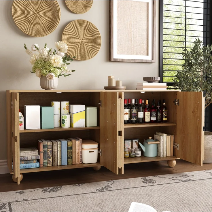 DESVIAE Sideboard Natur aus MDF/Kiefernholz – 160x76x38 cm – 4 Türen, verstellbare Einlegeböden – Bild 2