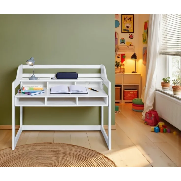 Inter Link - Kinderschreibtisch - Höhenverstellbar - Mitwachsend - Ergonomischer - Jugendzimmer - 6 Fächer - Viel Stauraum - Weiß - Kiefer Massivholz - Kids Learning – Bild 2