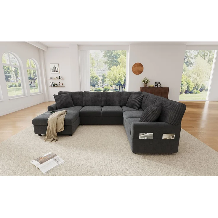 ZUBALIYA Modulare Wohnlandschaft, mit USB-C-Anschluss, H 83 × T 196 × B 249 cm, Grau, Chenille / Cord – Bild 12