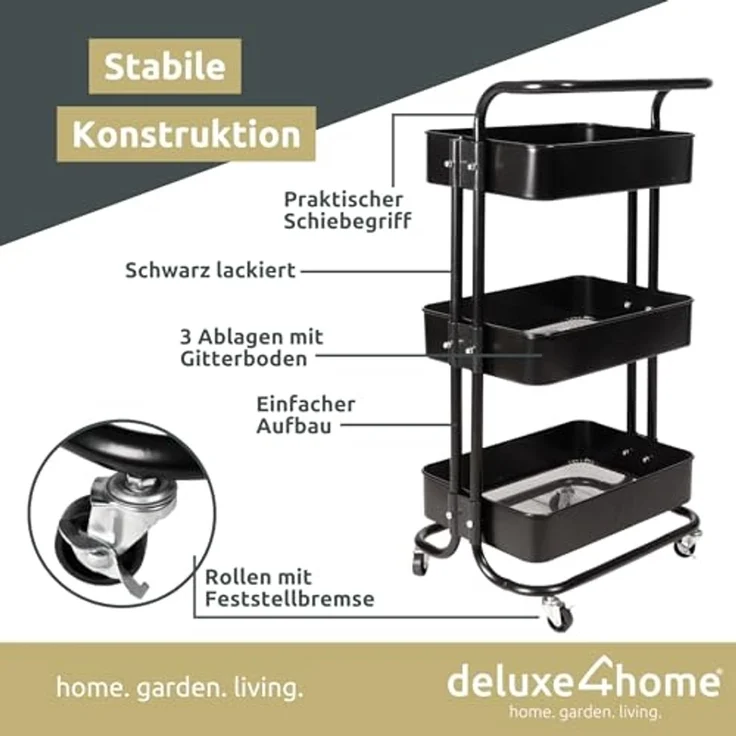 deluxe4home Rollwagen Küchenwagen mit 3 Ablagen I Aufbewahrung Mehrzweckwagen, Rollbar – Bild 2