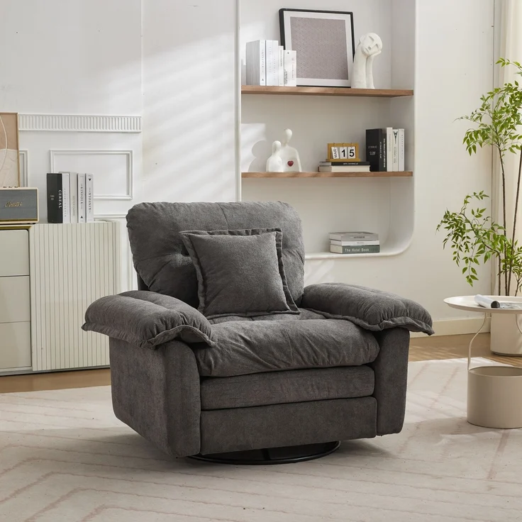 Chenille-360°-Drehfunktion-Sitzsessel im Oversized-Format für Lesen – Bequemer Akzentstuhl mit Unterstützungskissen, Polstermöbel Einzelsofa für Schlafzimmer, Wohnzimmer und Kinderzimmer--Grau--116x84x96cm--YOUDENOVA – Bild 2