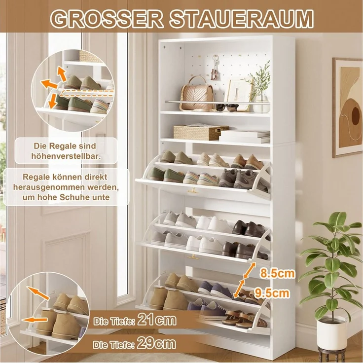 i@home Schuhkipper Schmal mit Tür, Schuhschrank mit 3 Klappen, Schuhregal Flur freistehend, Schuhablage Schrank, 80 x 24 x 178,5, Weiß – Bild 4