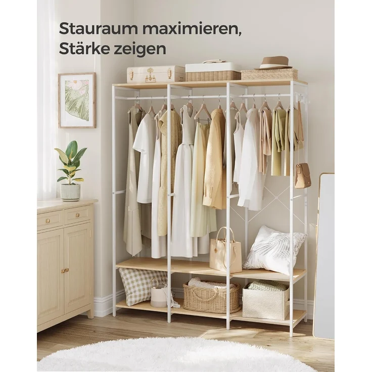 SONGMICS Kleiderschrank offen, Kleiderständer, Garderobenständer, Garderobe mit Kleiderstange, Ablagen, abnehmbare Haken, 40 x 141 x 180 cm, naturbeige RGR005W67 – Bild 3