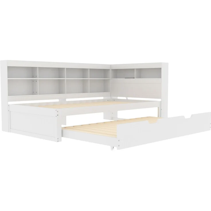 Schlafsofa 90*200, Ausziehbares Bett 90*190 mit USB-Steckdose und mehreren Ablagefächern, Massivholzbett, Einzelbett, Holz-Multifunktionsbett, Weiß. – Bild 7