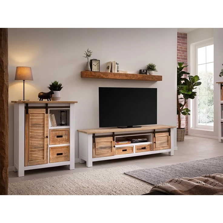 Hochkommode Capera 85x102x42cm aus Massivholz weiß braun rustikal mit Scheunentor-Schiebetür Stauraum für Wohnzimmer Esszimmer massivum – Bild 2