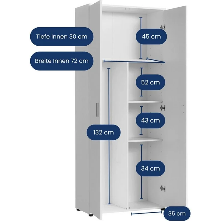 Home Collective Mehrzweckschrank 75 cm breit mit Einlegeböden 75x35x184 cm (BxTxH) Weiß mit 2 Einlegeböden und Fach für Staubsauger – Bild 2
