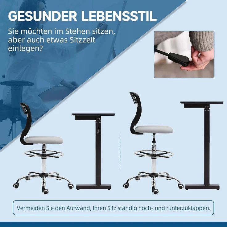 Vinsetto Bürostuhl Ergonomischer Schreibtischstuhl mit Verstellbarer Fußring, Höhenverstellbarer Computerstuhl mit Netzbespannung, Office Chair, Drehstuhl Hellgrau – Bild 4