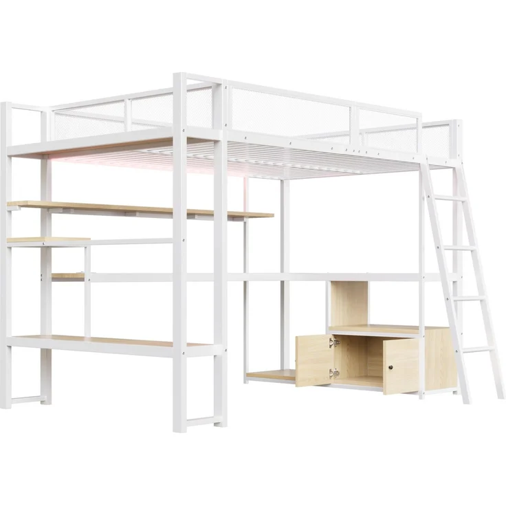 Hochbett mit Eckschreibtisch, LED-Streifen, PC-Ständer, Steckdose, USB, Rausfallschutz, Regal, Schrank, 140x200cm, Kinderbett, Jugendbett, Metallbett – Bild 5