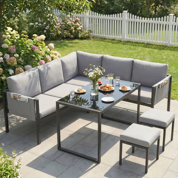 Wohnora-6-teiliges Gartenmöbel-Set mit Ecksofa, 10 cm dicken Kissen, Stehtisch und 2 Fußhockern, Grau,H 61cm x T 181cm x B 181cm – Bild 4