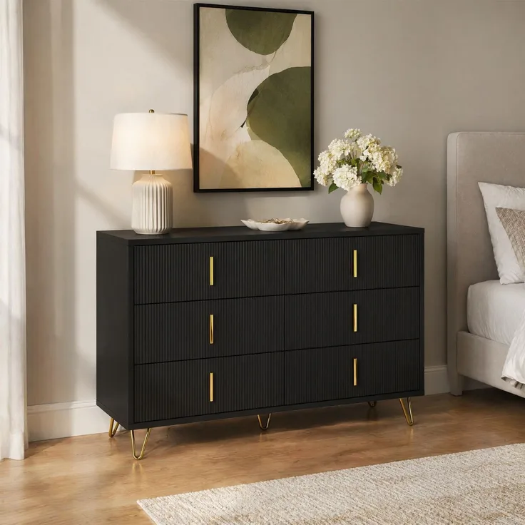 DESVIAE Sideboard mit 6 Schubladen, 120x77x40 cm, Spanplatte, Schwarz und Gold