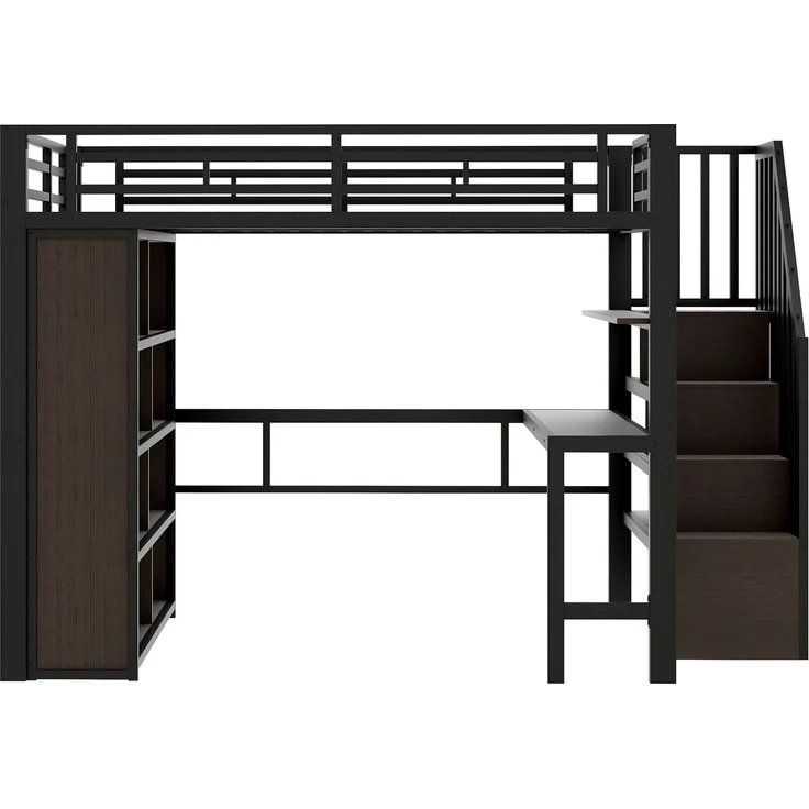 Hochbett mit RGB LED-Streifen, Schreibtisch, Bücherregal, Lattenrost, Treppe, Rausfallschutz, 140x200cm, Metallbett, Kinderbett – Bild 9